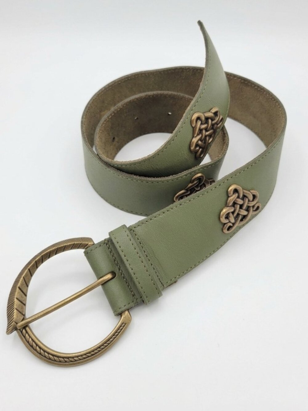 Rare Vintage Made in France Mod Dep Green Leather Belt Antique Bronze